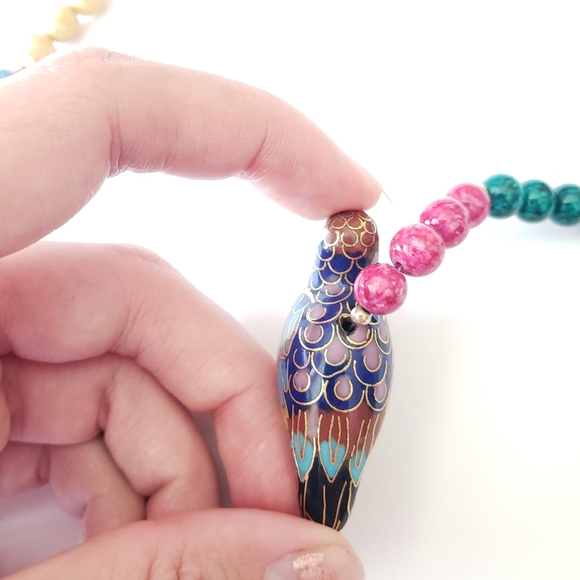 Vintage 1960's Gold Tone clasp, Multi Bead, Cloisonne Bird Necklace, - Picture 10 of 11